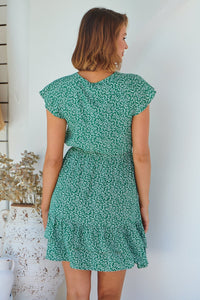 Amerella Button Green Floral Print Summer Dress