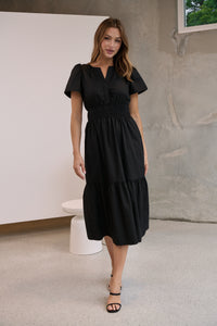 Cyrene Short Sleeve Collared Black Midi Dress