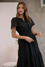 Load image into Gallery viewer, Cyrene Short Sleeve Collared Black Midi Dress