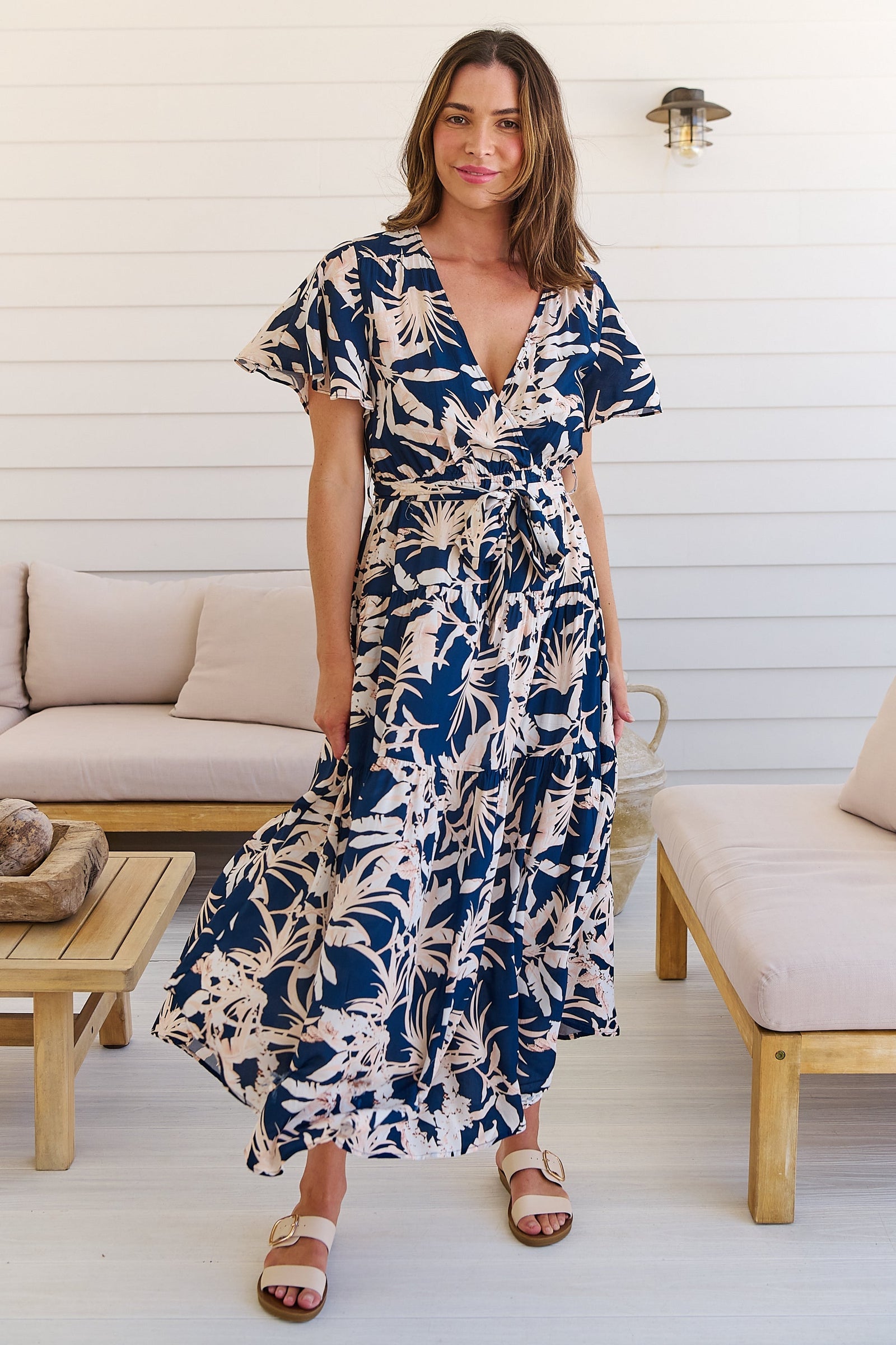 Ridley Floral Navy/Pink/White Cross Over Front Maxi Dress