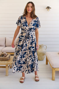 Ridley Floral Navy/Pink/White Cross Over Front Maxi Dress