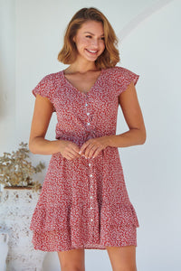 Amerella Button Red Floral Print Summer Dress