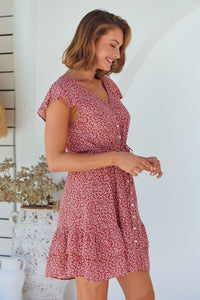 Amerella Button Red Floral Print Summer Dress