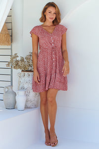 Amerella Button Red Floral Print Summer Dress