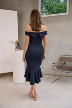 Load image into Gallery viewer, Juliette Off Shoulder Fishtail Ink Evening Dress