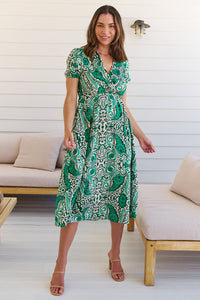 Zaira Green/Beige Print Midi Dress