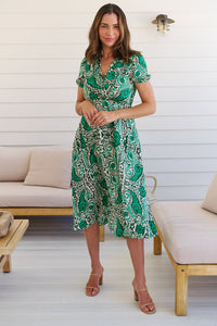 Zaira Green/Beige Print Midi Dress