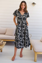Load image into Gallery viewer, Bailey Black/White Leaf Print Cap Sleeve Midi Dress