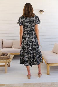 Bailey Black/White Leaf Print Cap Sleeve Midi Dress