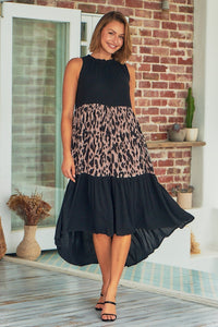 Silhouette High Neck Tiered Black/Beige Animal Print Dress