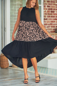 Silhouette High Neck Tiered Black/Beige Animal Print Dress