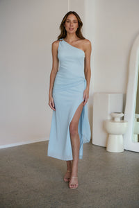 Amina One Shoulder Sky Blue Crepe Evening Dress