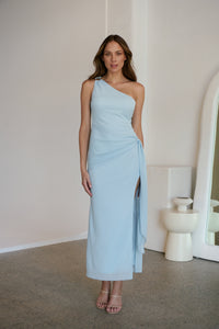 Amina One Shoulder Sky Blue Crepe Evening Dress