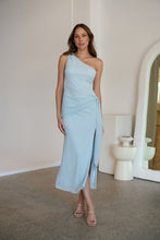 Load image into Gallery viewer, Amina One Shoulder Sky Blue Crepe Evening Dress