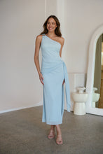 Load image into Gallery viewer, Amina One Shoulder Sky Blue Crepe Evening Dress