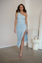 Load image into Gallery viewer, Amina One Shoulder Sky Blue Crepe Evening Dress