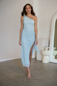 Amina One Shoulder Sky Blue Crepe Evening Dress