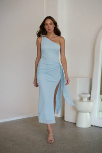 Amina One Shoulder Sky Blue Crepe Evening Dress