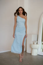 Load image into Gallery viewer, Amina One Shoulder Sky Blue Crepe Evening Dress