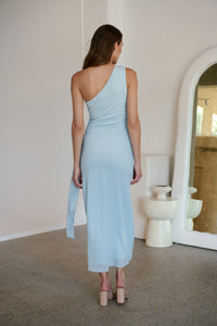 Amina One Shoulder Sky Blue Crepe Evening Dress