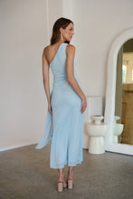 Load image into Gallery viewer, Amina One Shoulder Sky Blue Crepe Evening Dress