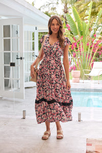 Augustina Pink/Grey Floral Button Front Maxi Dress