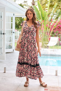 Augustina Pink/Grey Floral Button Front Maxi Dress