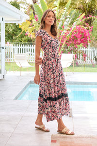 Augustina Pink/Grey Floral Button Front Maxi Dress