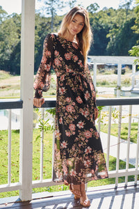 Kinsley Floral Print Black/Pink Long Sleeve Evening Dress