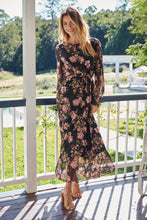 Load image into Gallery viewer, Kinsley Floral Print Black/Pink Long Sleeve Evening Dress