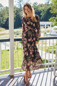 Kinsley Floral Print Black/Pink Long Sleeve Evening Dress