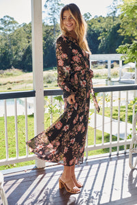 Kinsley Floral Print Black/Pink Long Sleeve Evening Dress