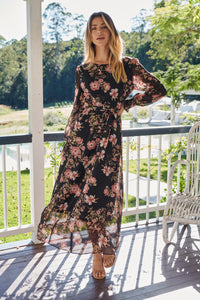 Kinsley Floral Print Black/Pink Long Sleeve Evening Dress