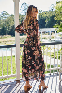 Kinsley Floral Print Black/Pink Long Sleeve Evening Dress