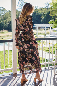 Kinsley Floral Print Black/Pink Long Sleeve Evening Dress