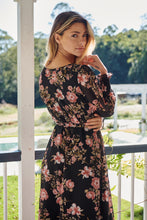 Load image into Gallery viewer, Kinsley Floral Print Black/Pink Long Sleeve Evening Dress