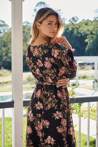 Kinsley Floral Print Black/Pink Long Sleeve Evening Dress