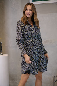 Hannah Black and Gold Print Chiffon Long Sleeve Dress