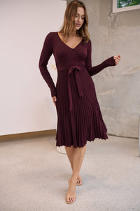 Parker Burgundy Long Sleeve Pleated Knit Midi Dress