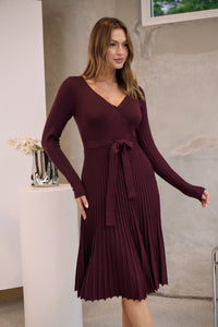 Parker Burgundy Long Sleeve Pleated Knit Midi Dress