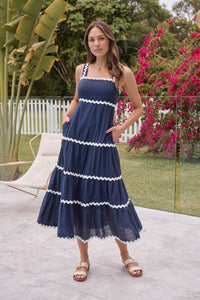 Avelie Trim Linen Blend Navy/White Dress