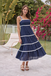 Avelie Trim Linen Blend Navy/White Dress