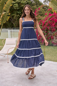 Avelie Trim Linen Blend Navy/White Dress