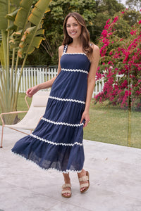 Avelie Trim Linen Blend Navy/White Dress