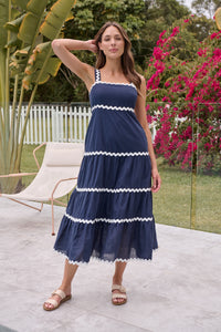 Avelie Trim Linen Blend Navy/White Dress