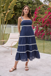 Avelie Trim Linen Blend Navy/White Dress