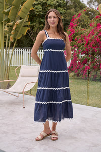 Avelie Trim Linen Blend Navy/White Dress