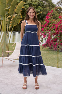 Avelie Trim Linen Blend Navy/White Dress