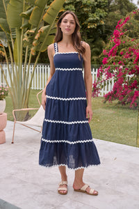 Avelie Trim Linen Blend Navy/White Dress