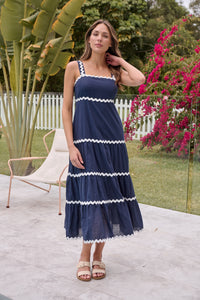 Avelie Trim Linen Blend Navy/White Dress